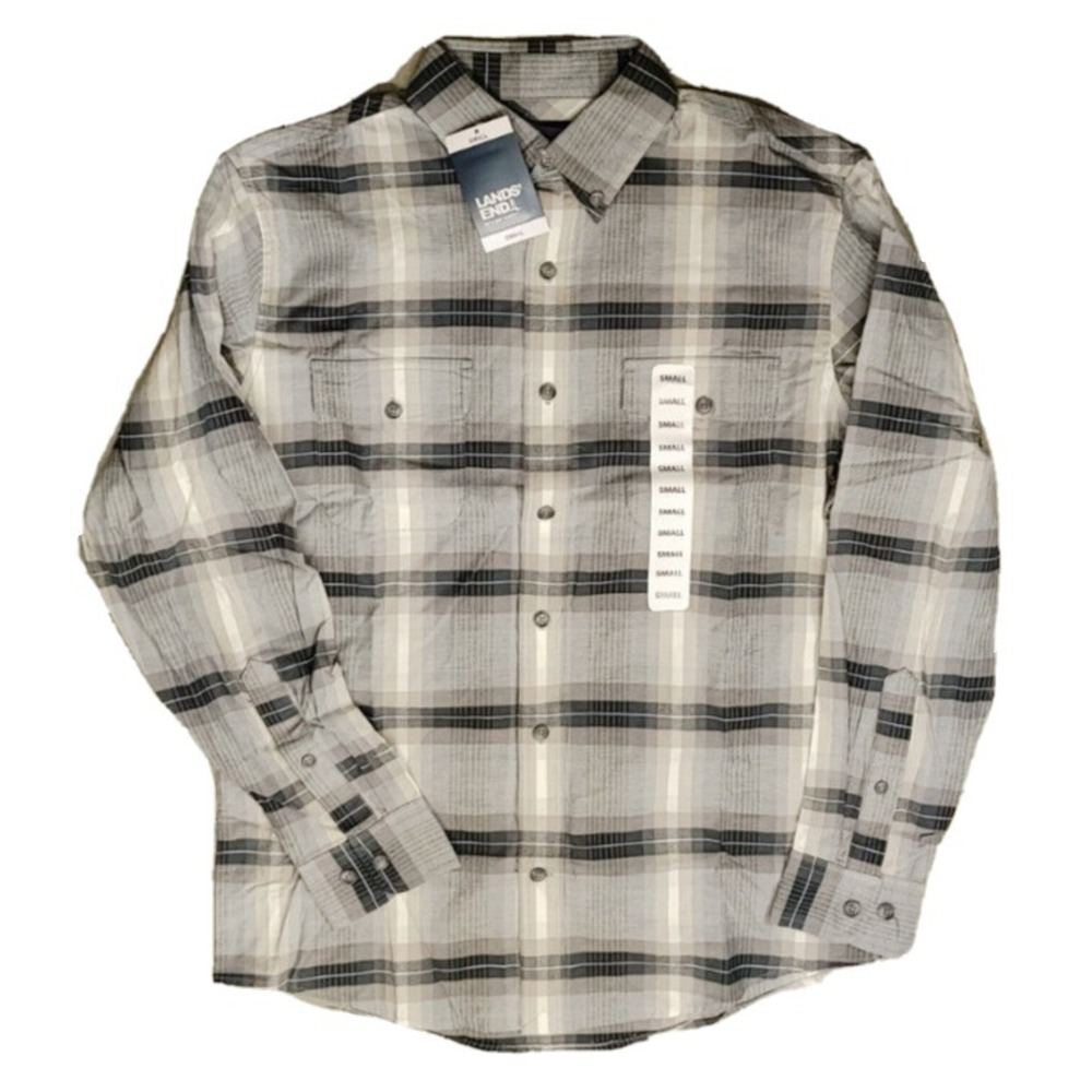 NWT Land's End Men's Light Weight Flannel Shirt Grey Plaid Small